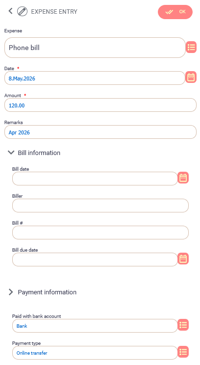 Expense entry full view