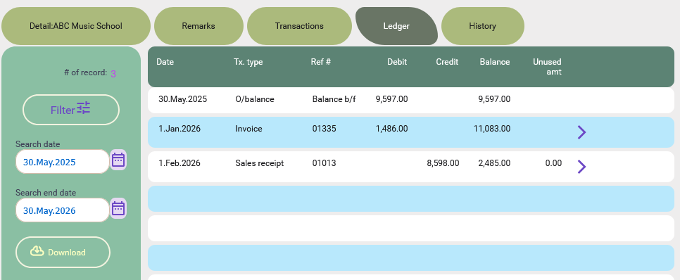 Ledger tab on the customer profile on desktop view