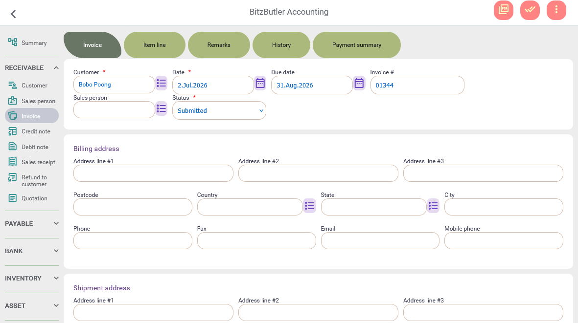 Invoice header in desktop view