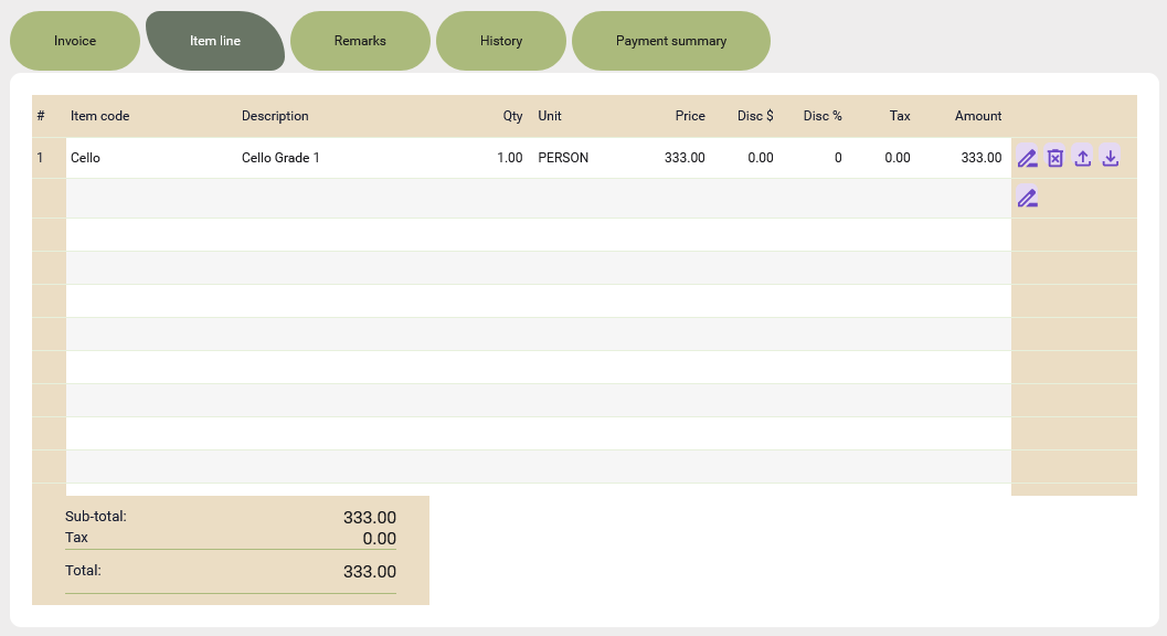 Invoice item line in desktop view