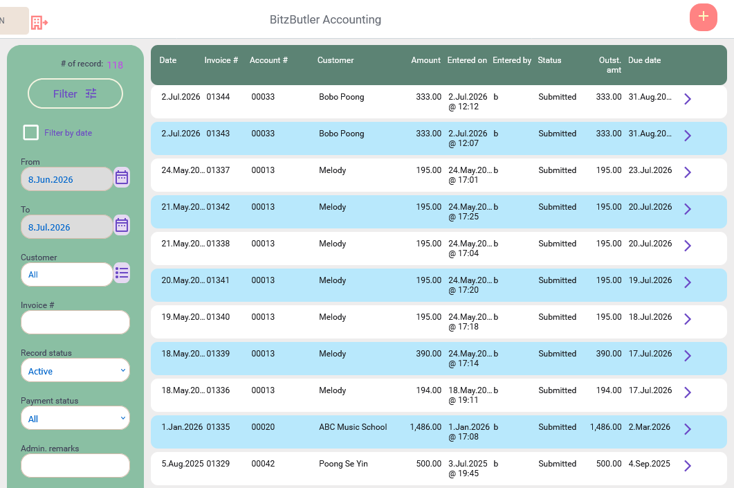 Invoice listing on the desktop view