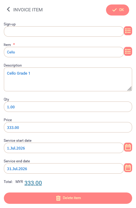 Track servicing period in the invoice