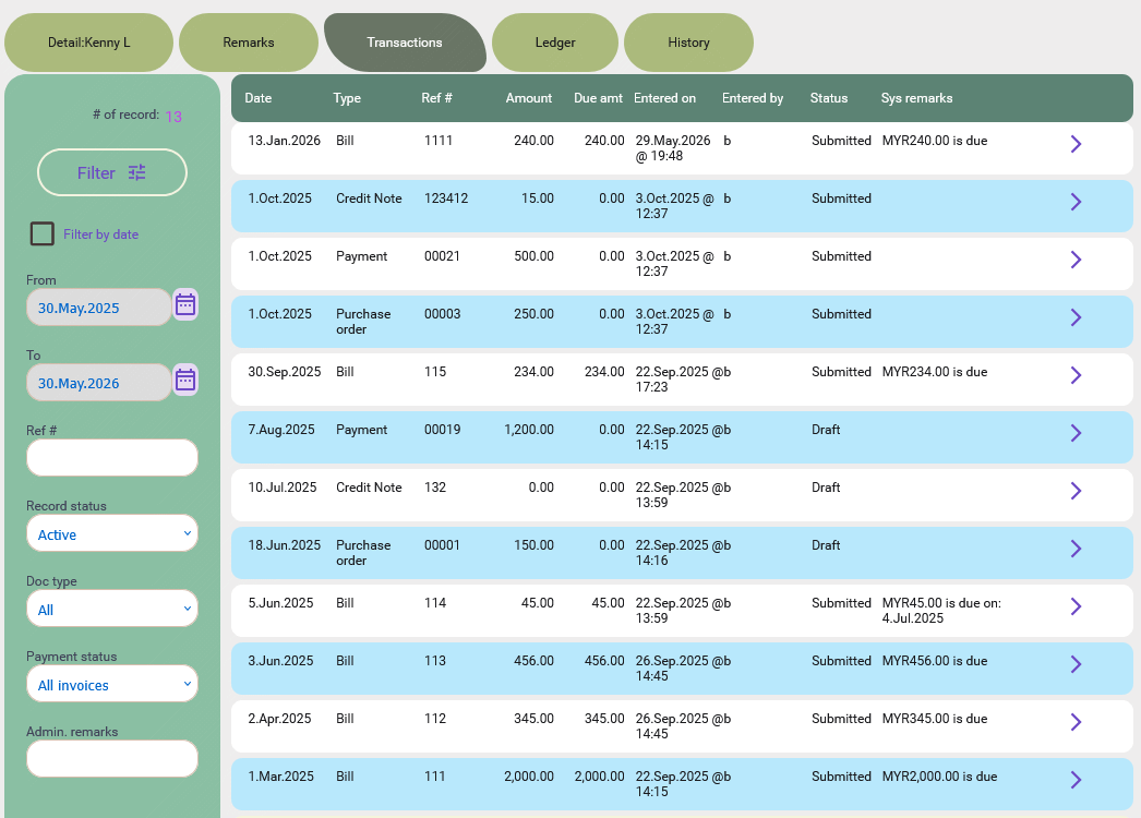 Transaction tab on the supplier profile on desktop view