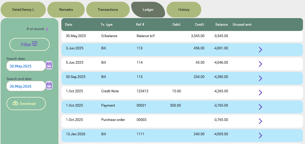 Ledger tab on the supplier profile on desktop view